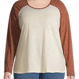 Terra & Sky Polka Dot Sleeve Cream and Brown Women's Top